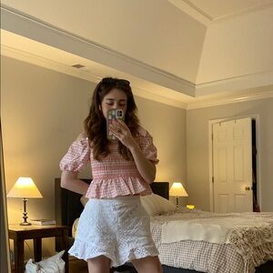 Pink Gingham Top and White Lace Skirt
